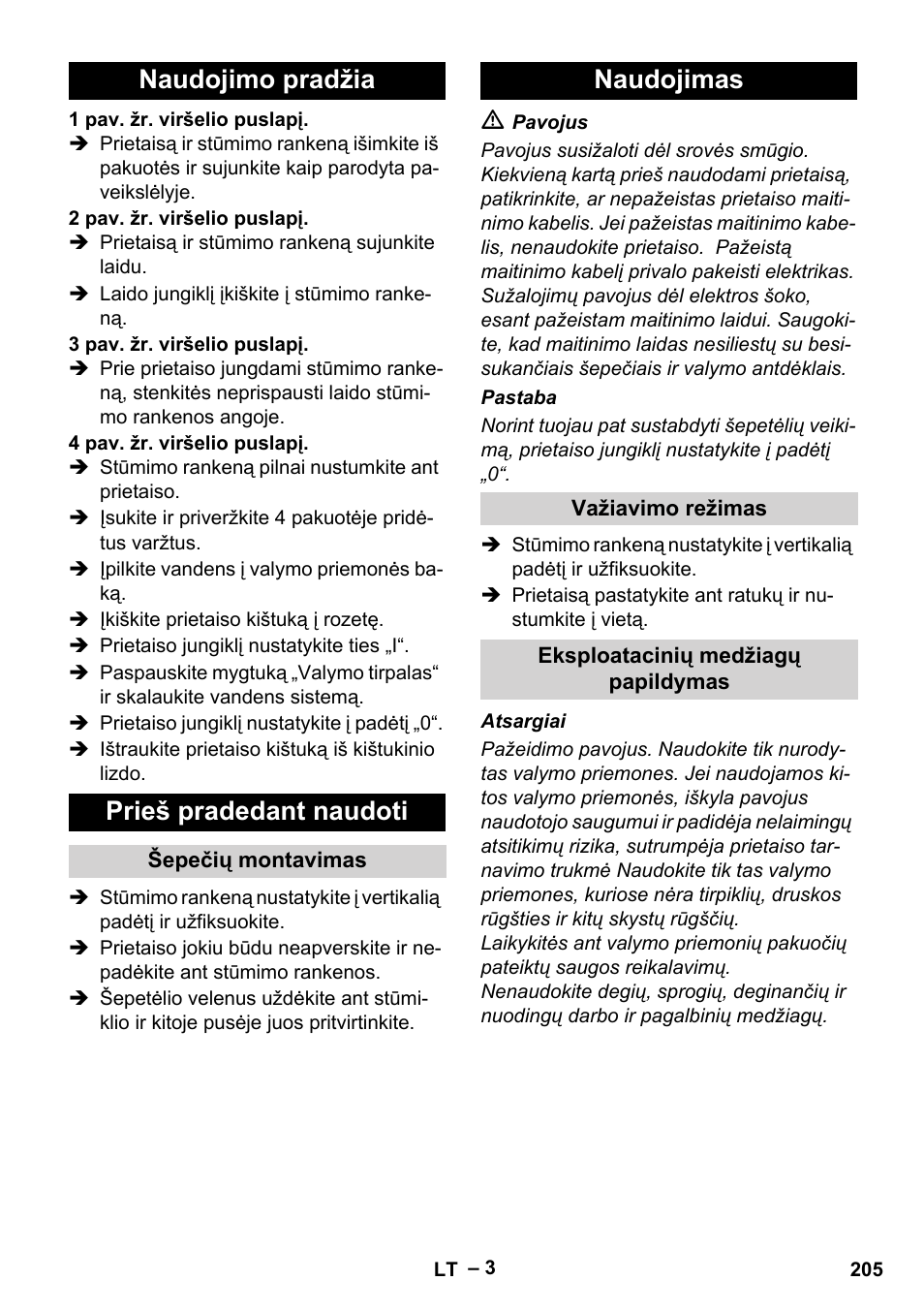 Naudojimo pradžia prieš pradedant naudoti, Naudojimas | Karcher BRS 43-500 C User Manual | Page 205 / 220