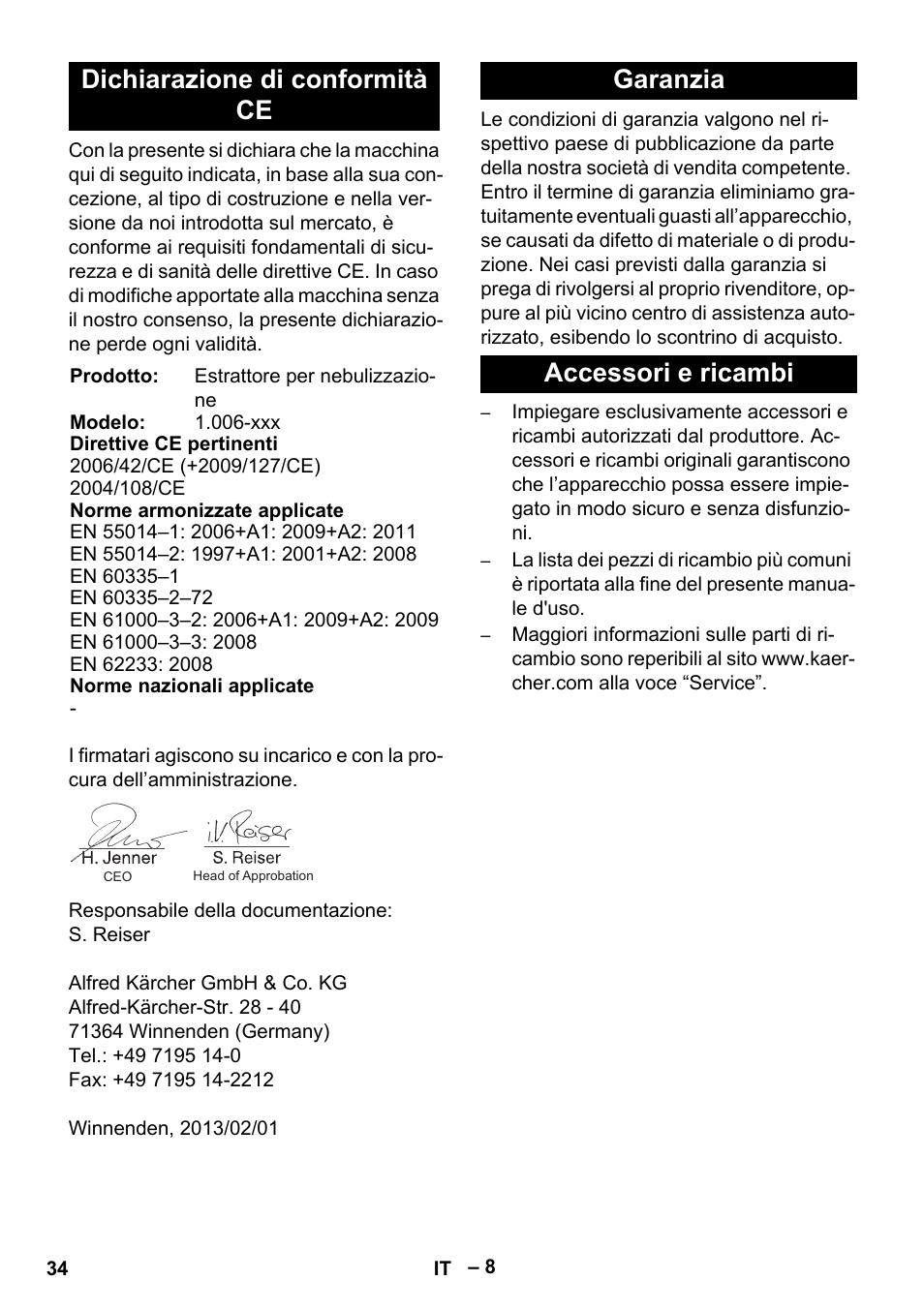 Dichiarazione di conformità ce, Garanzia accessori e ricambi | Karcher BRS 43-500 C User Manual | Page 34 / 220