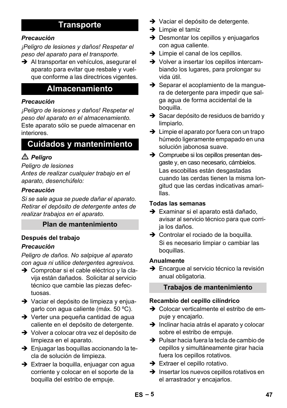 Transporte almacenamiento cuidados y mantenimiento | Karcher BRS 43-500 C User Manual | Page 47 / 220