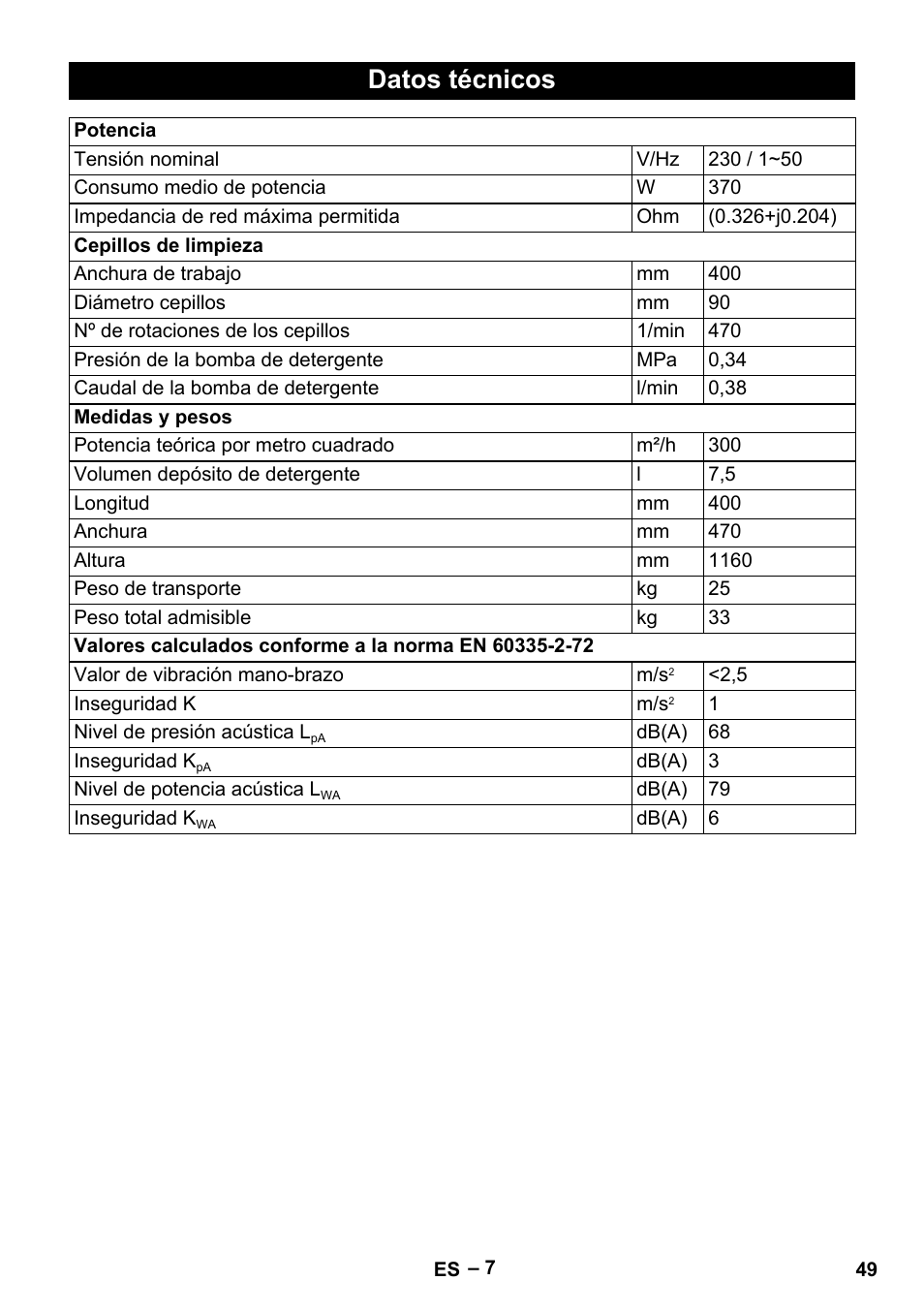 Datos técnicos | Karcher BRS 43-500 C User Manual | Page 49 / 220