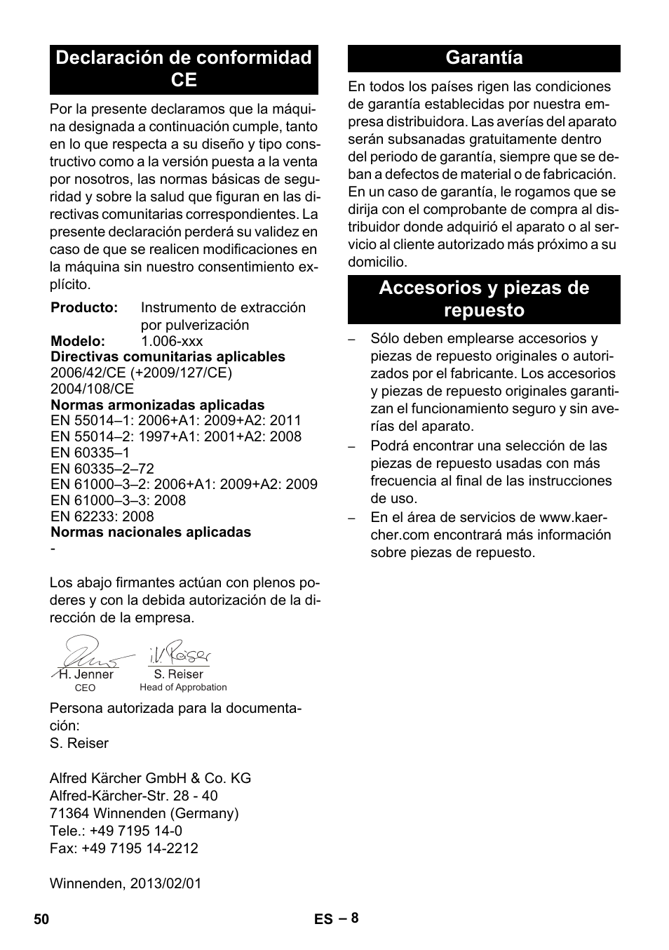 Declaración de conformidad ce, Garantía accesorios y piezas de repuesto | Karcher BRS 43-500 C User Manual | Page 50 / 220