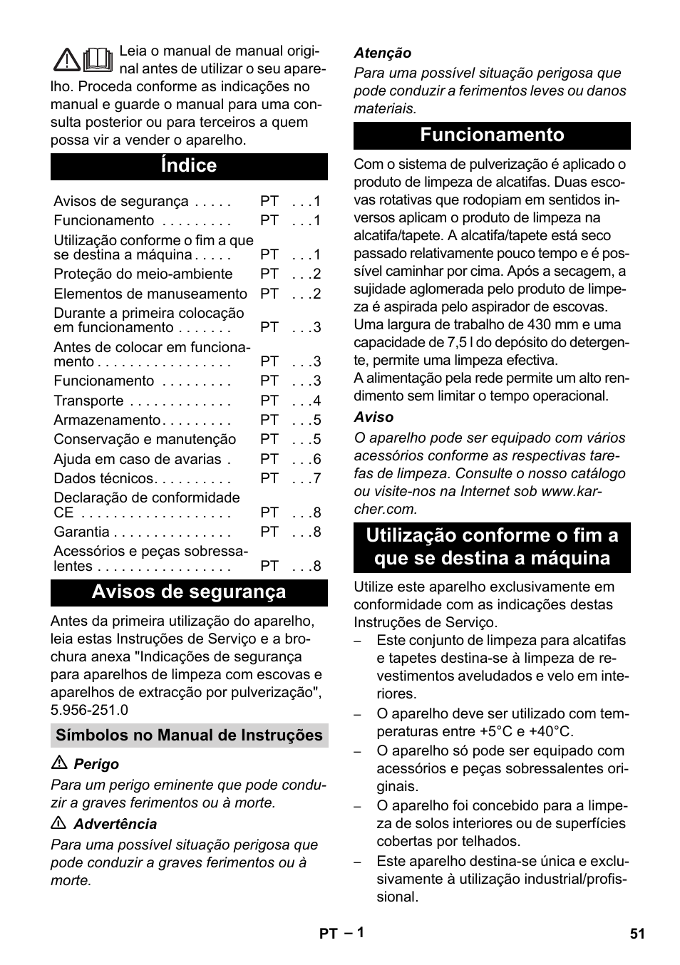 Português, Índice, Avisos de segurança | Karcher BRS 43-500 C User Manual | Page 51 / 220