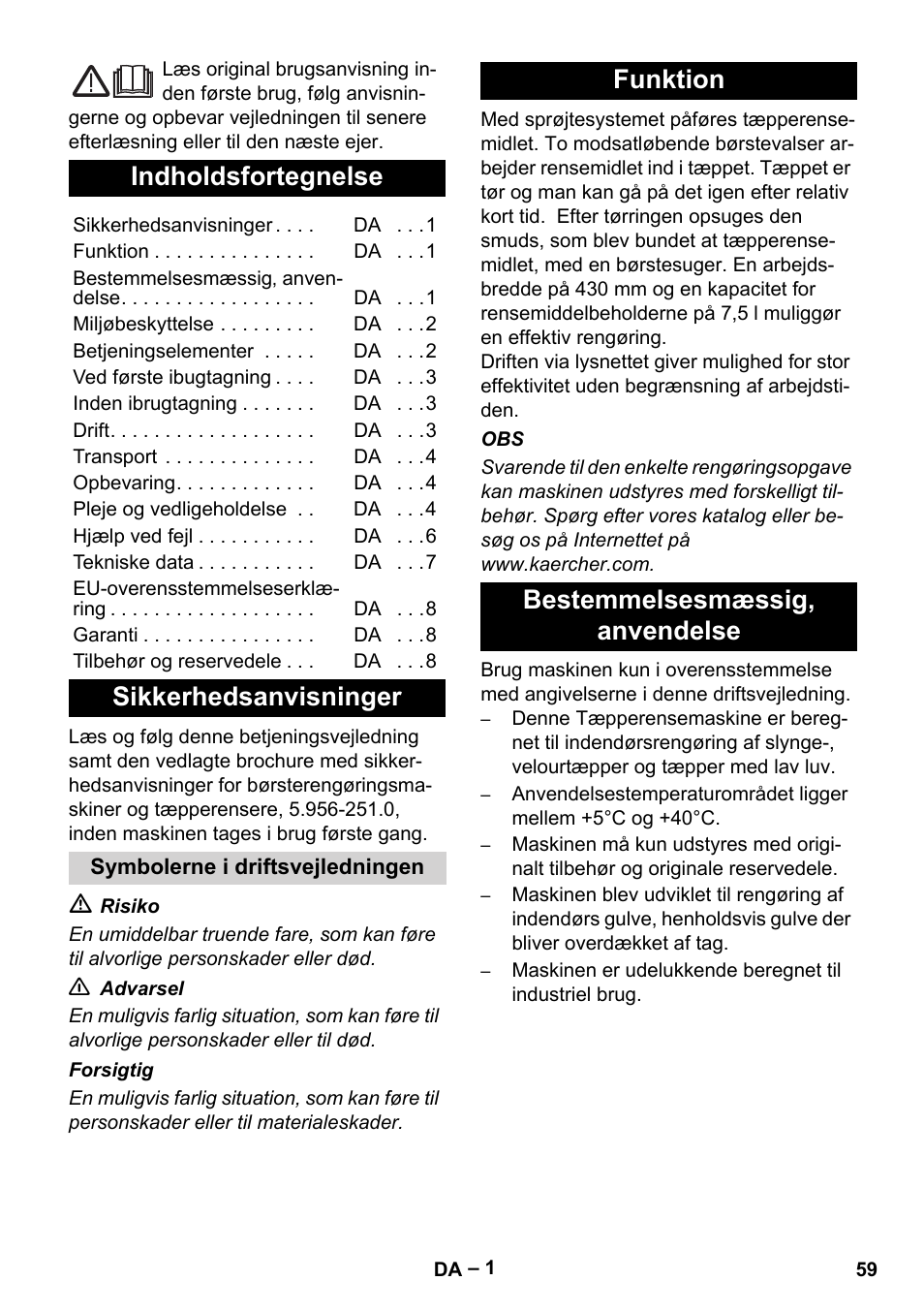 Dansk, Indholdsfortegnelse, Sikkerhedsanvisninger | Funktion bestemmelsesmæssig‚ anvendelse | Karcher BRS 43-500 C User Manual | Page 59 / 220