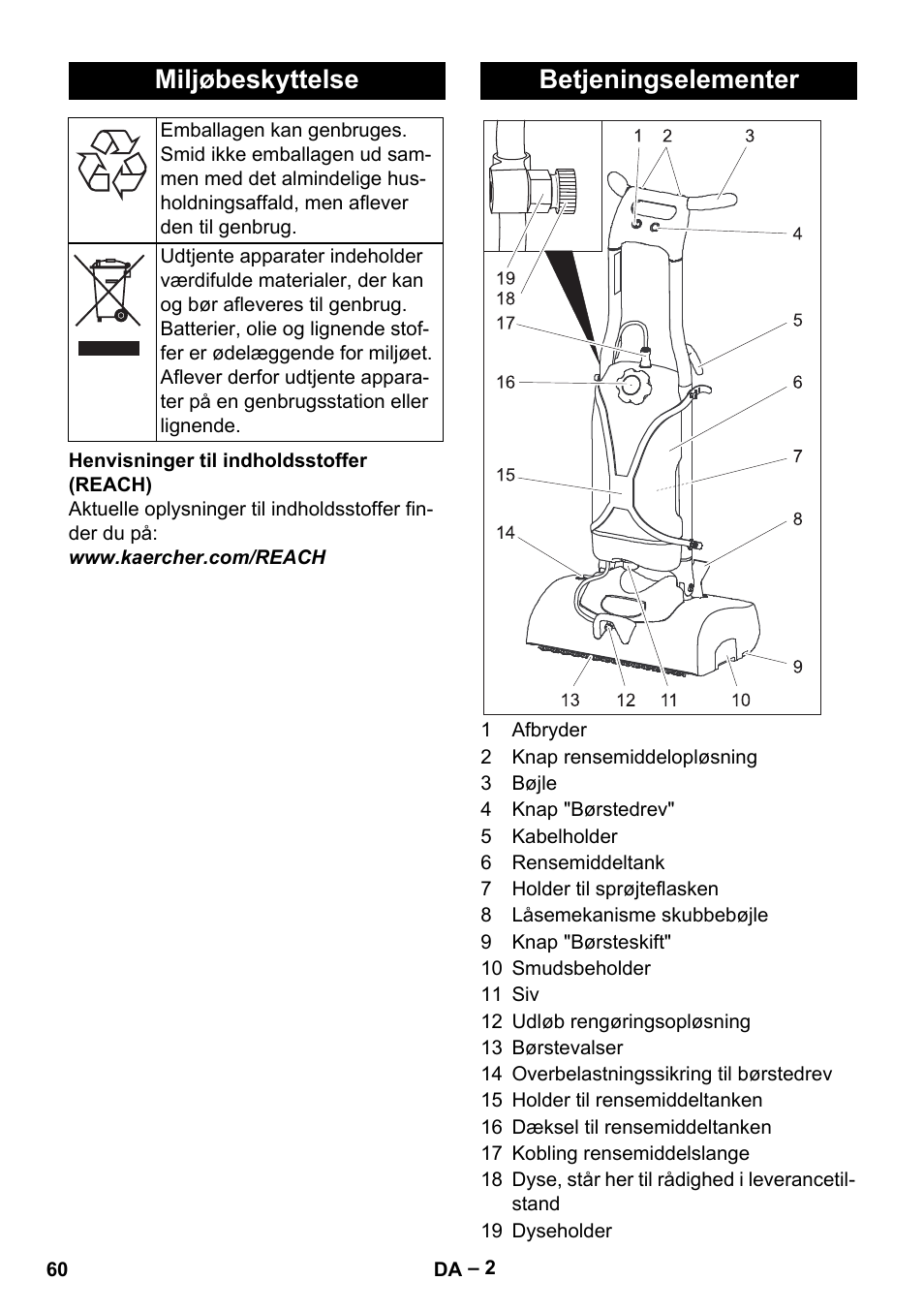 Miljøbeskyttelse, Betjeningselementer | Karcher BRS 43-500 C User Manual | Page 60 / 220