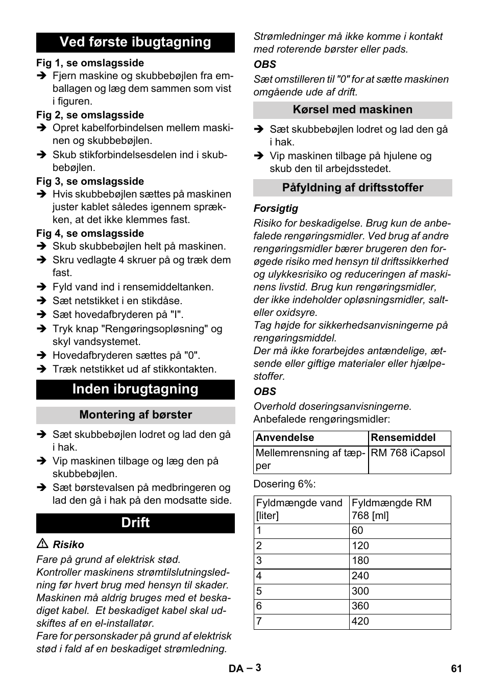 Ved første ibugtagning inden ibrugtagning, Drift | Karcher BRS 43-500 C User Manual | Page 61 / 220