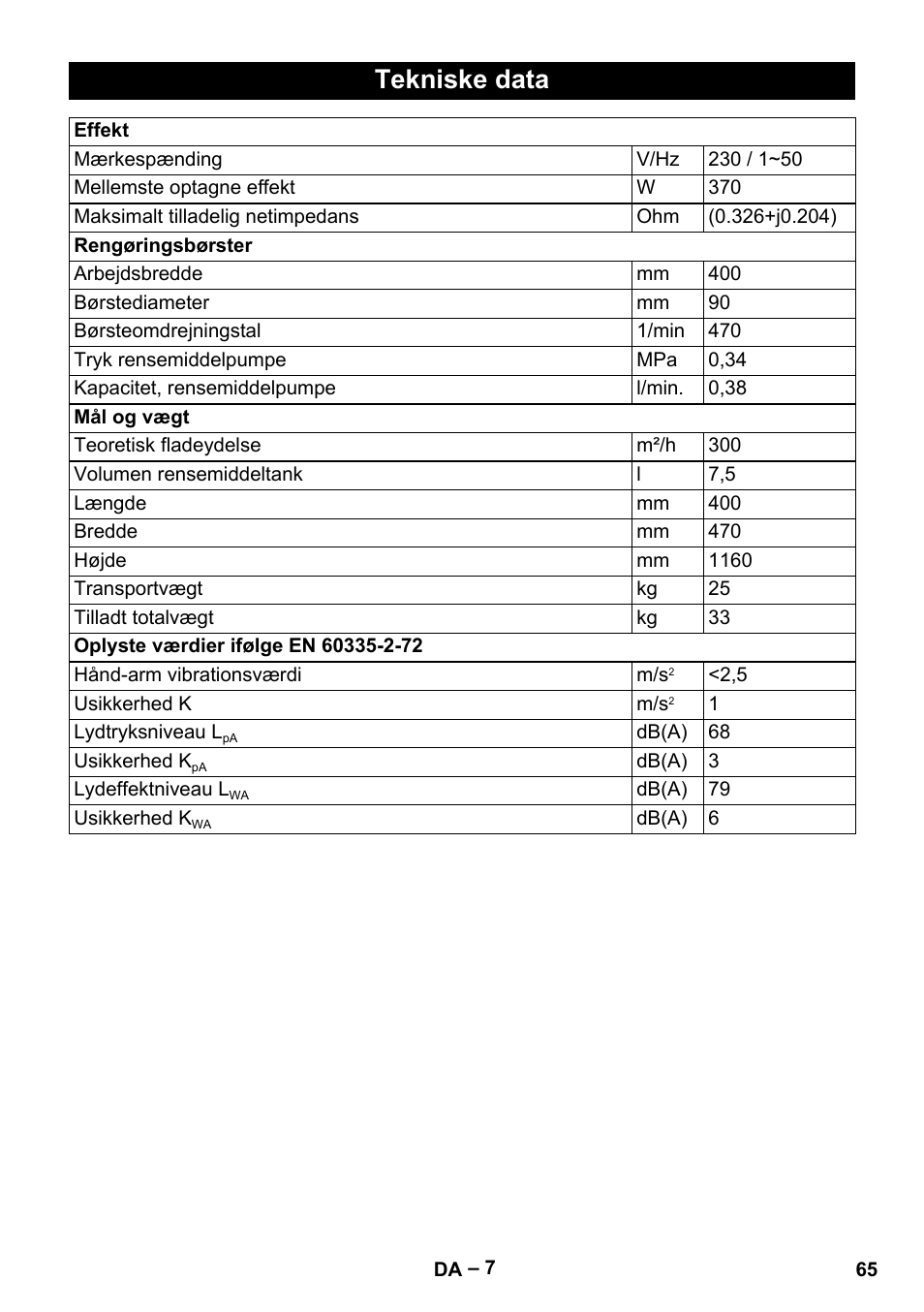 Tekniske data | Karcher BRS 43-500 C User Manual | Page 65 / 220