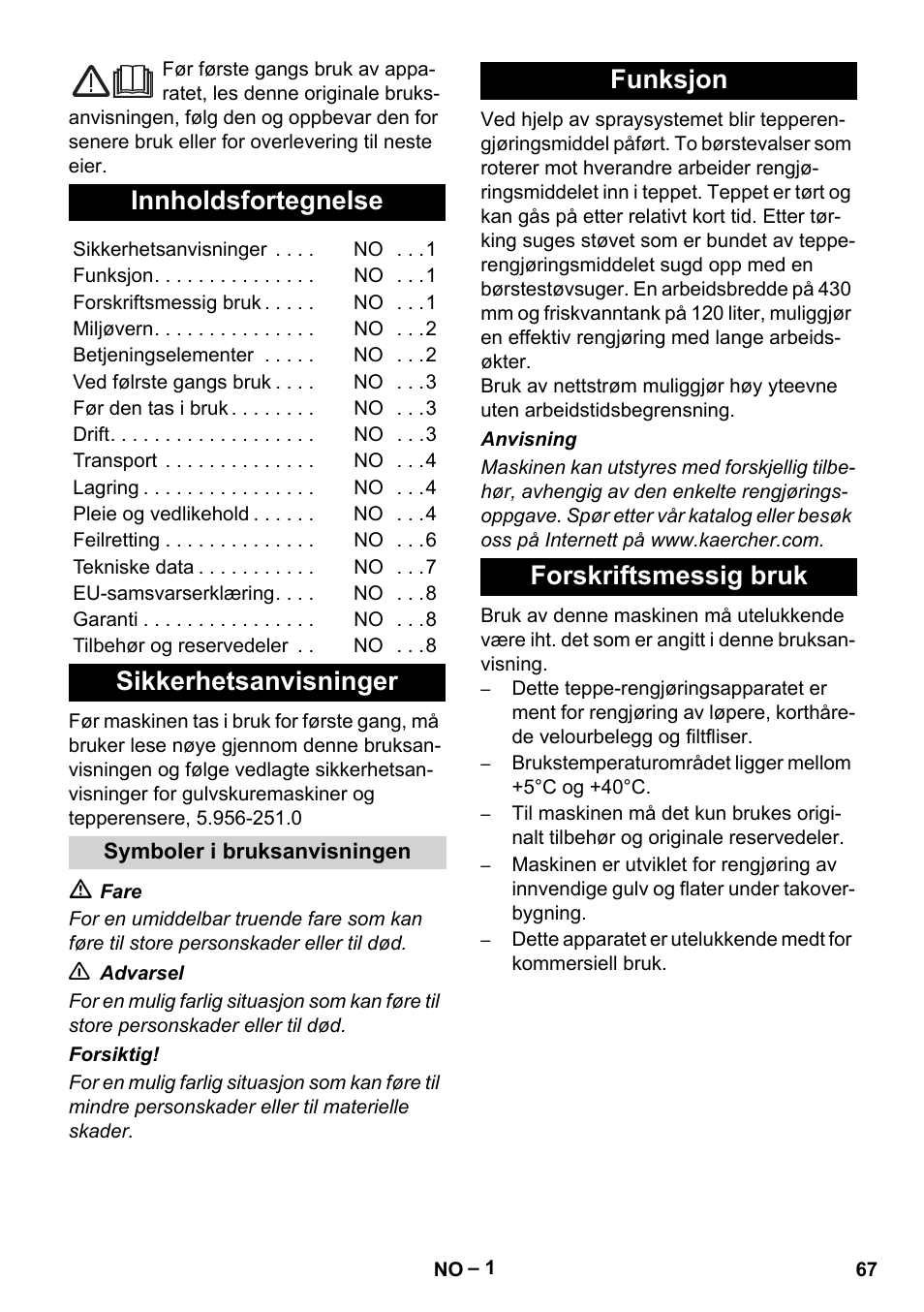 Norsk, Innholdsfortegnelse, Sikkerhetsanvisninger | Funksjon forskriftsmessig bruk | Karcher BRS 43-500 C User Manual | Page 67 / 220