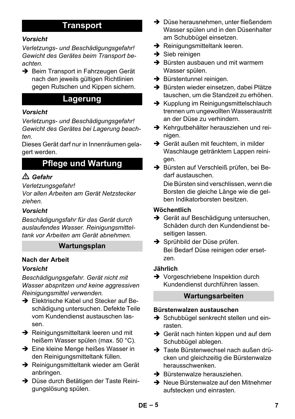 Transport lagerung pflege und wartung | Karcher BRS 43-500 C User Manual | Page 7 / 220