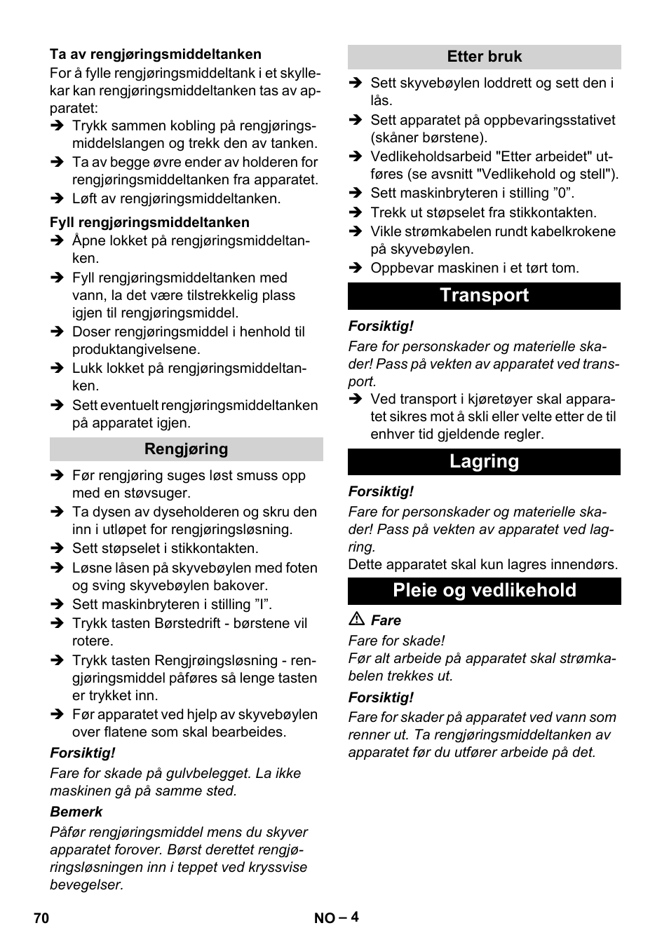 Transport lagring pleie og vedlikehold | Karcher BRS 43-500 C User Manual | Page 70 / 220