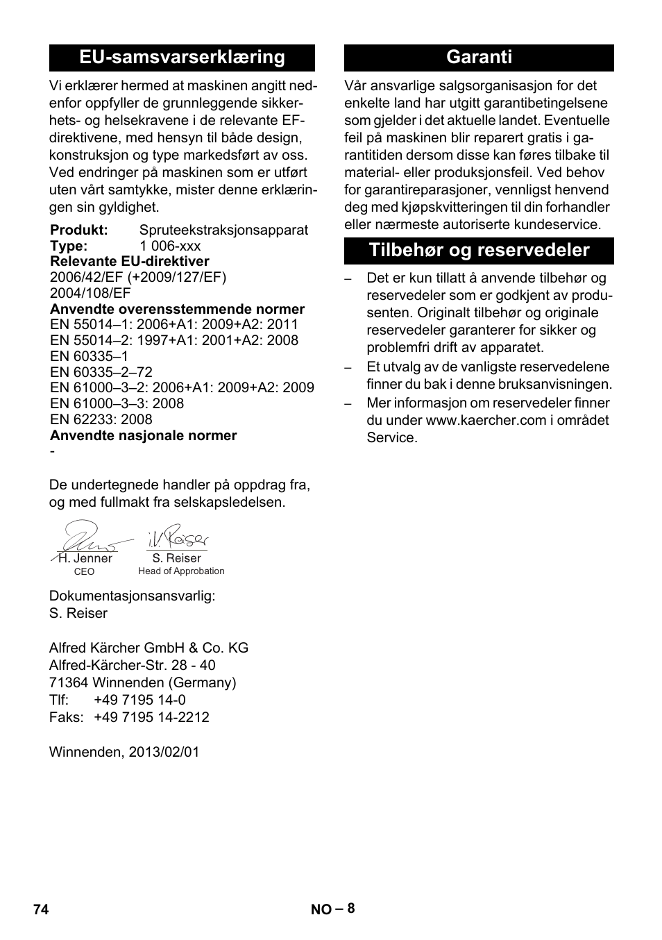 Eu-samsvarserklæring, Garanti tilbehør og reservedeler | Karcher BRS 43-500 C User Manual | Page 74 / 220