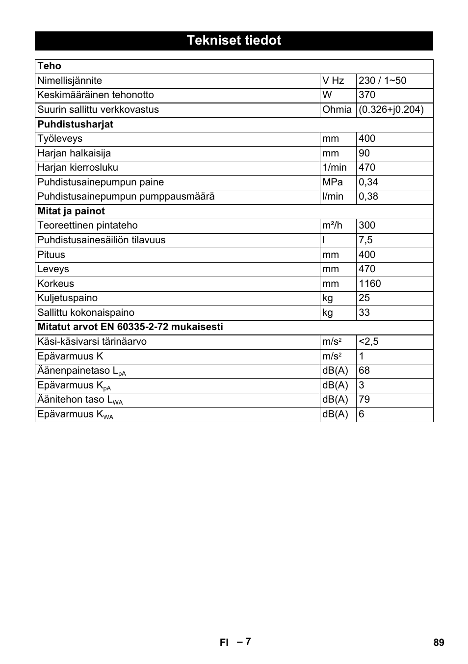 Tekniset tiedot | Karcher BRS 43-500 C User Manual | Page 89 / 220