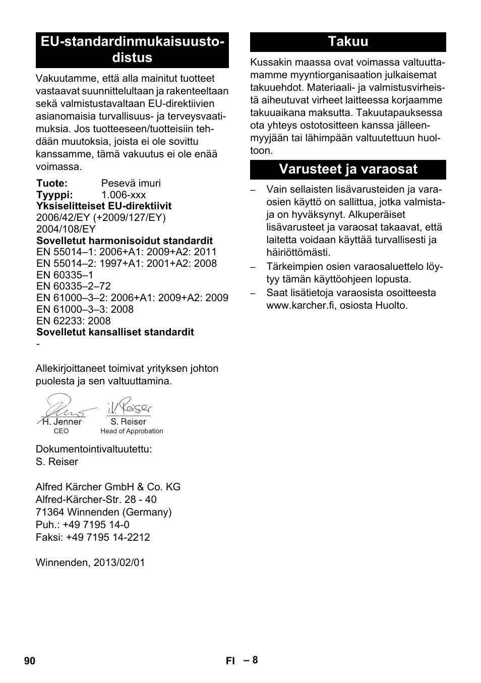 Eu-standardinmukaisuusto- distus, Takuu varusteet ja varaosat | Karcher BRS 43-500 C User Manual | Page 90 / 220