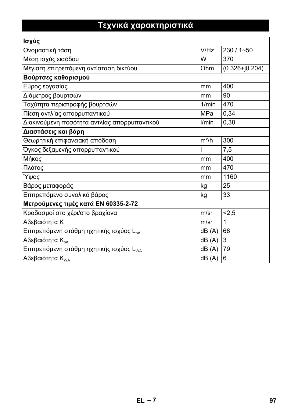 Τεχνικά χαρακτηριστικά | Karcher BRS 43-500 C User Manual | Page 97 / 220