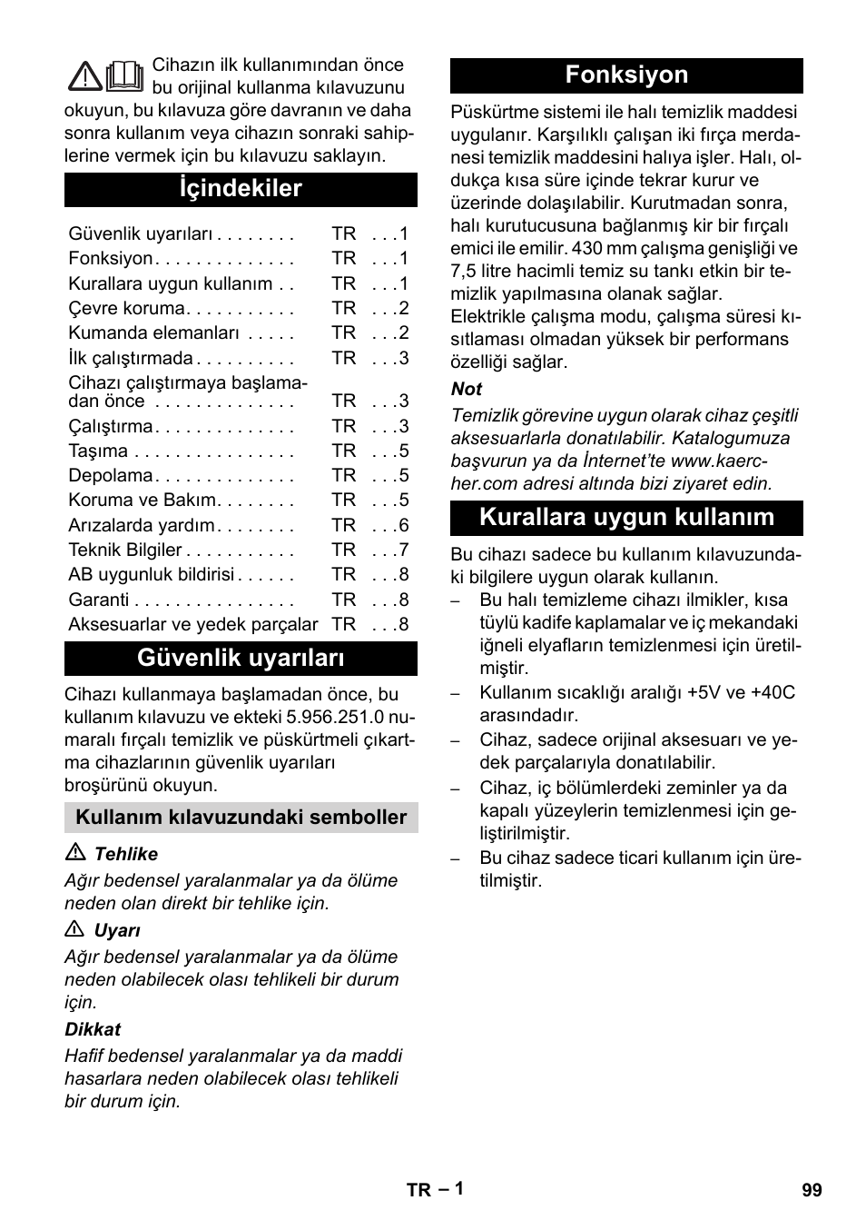 Türkçe, Içindekiler, Güvenlik uyarıları | Fonksiyon kurallara uygun kullanım | Karcher BRS 43-500 C User Manual | Page 99 / 220