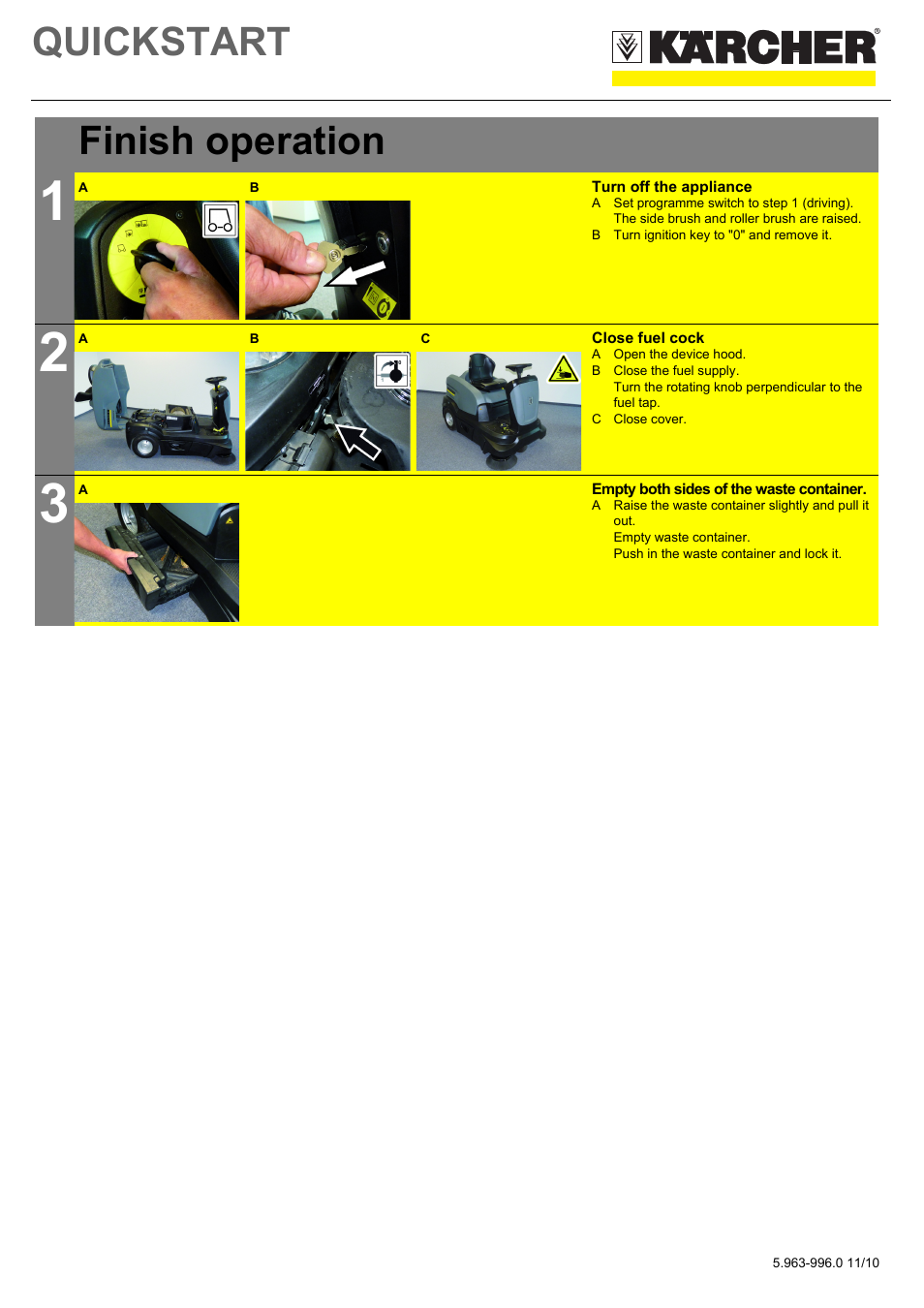 Tabelle, Tabellenkopfzeile, Tabellenreihe | Finish operation, Tabellenhaupttext, Grafik, Turn off the appliance, B turn ignition key to "0" and remove it, Close fuel cock, A open the device hood | Karcher KM 90-60 R P User Manual | Page 3 / 5