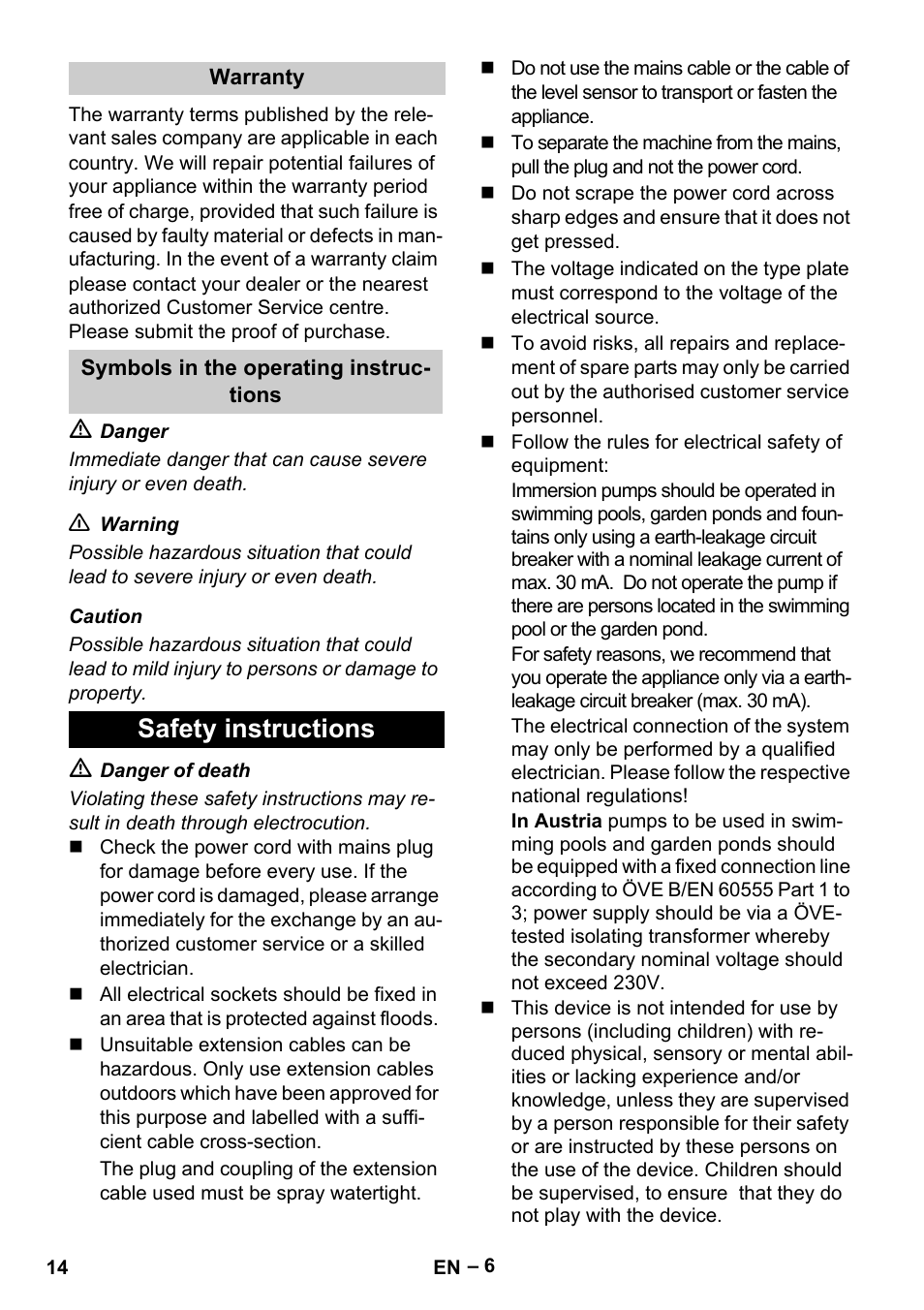 Safety instructions | Karcher SDP 9500 User Manual | Page 14 / 72