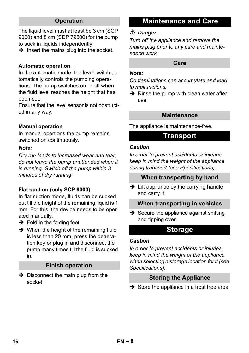 Maintenance and care, Transport, Storage | Karcher SDP 9500 User Manual | Page 16 / 72