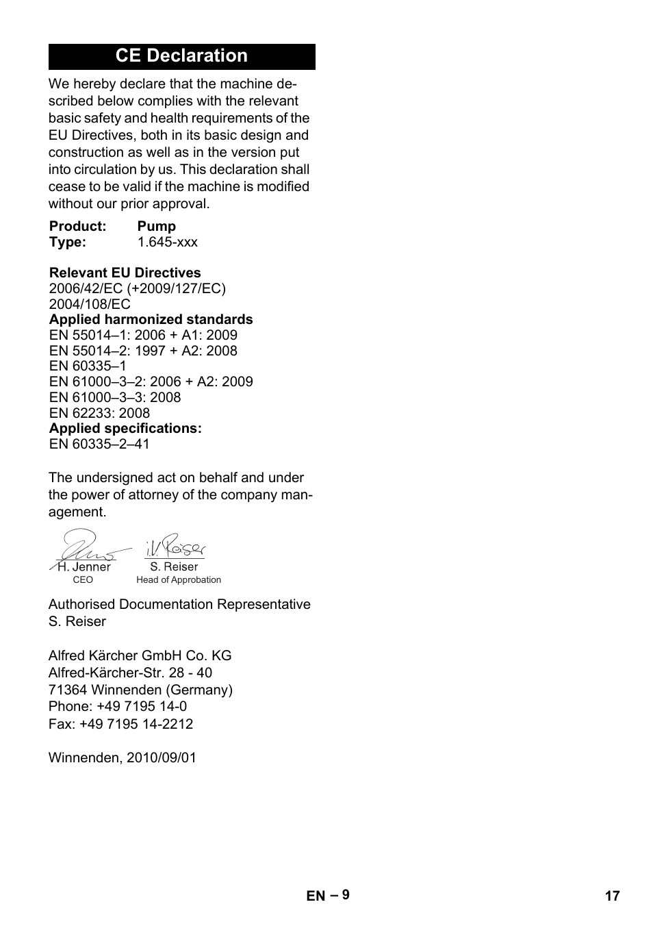 Ce declaration | Karcher SDP 9500 User Manual | Page 17 / 72