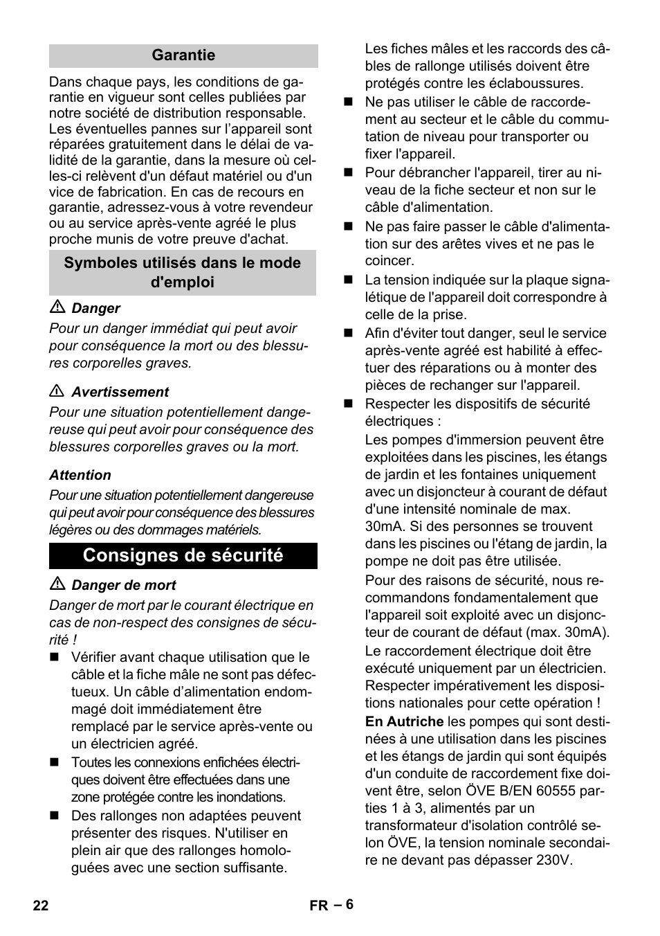 Consignes de sécurité | Karcher SDP 9500 User Manual | Page 22 / 72