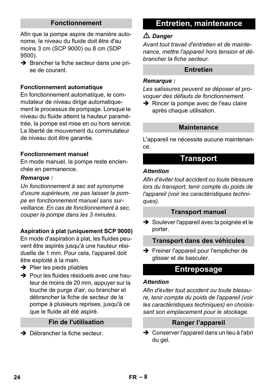 Entretien, maintenance, Transport, Entreposage | Karcher SDP 9500 User Manual | Page 24 / 72