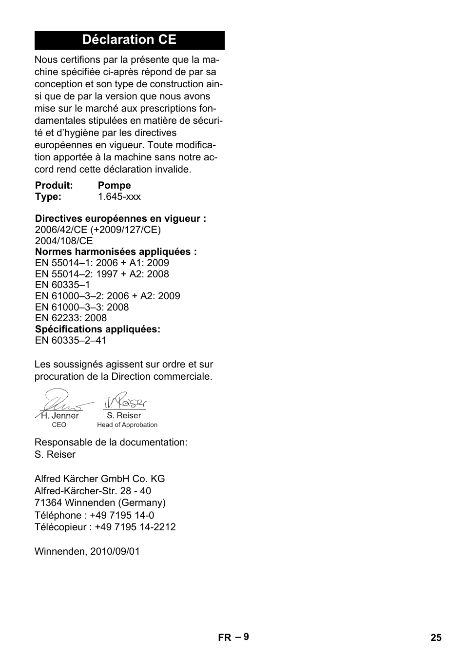 Déclaration ce | Karcher SDP 9500 User Manual | Page 25 / 72