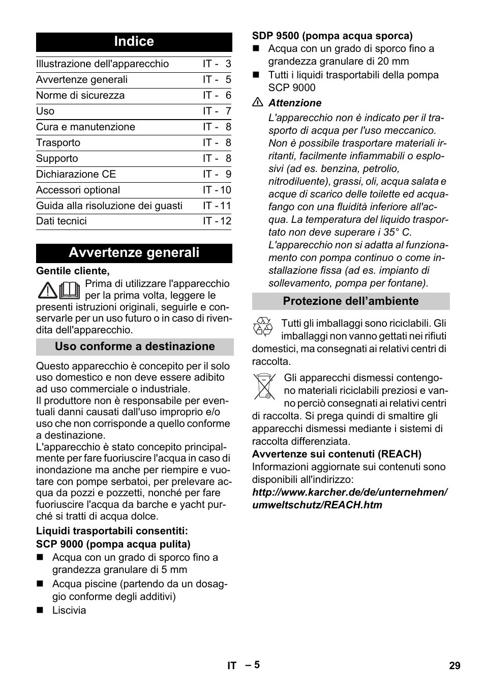 Indice, Avvertenze generali | Karcher SDP 9500 User Manual | Page 29 / 72