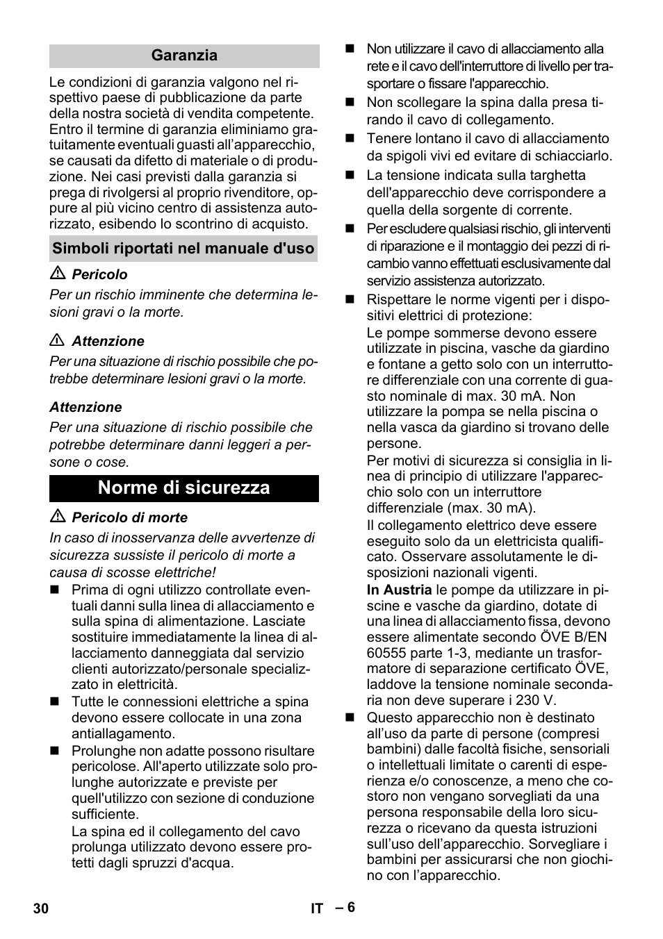 Norme di sicurezza | Karcher SDP 9500 User Manual | Page 30 / 72