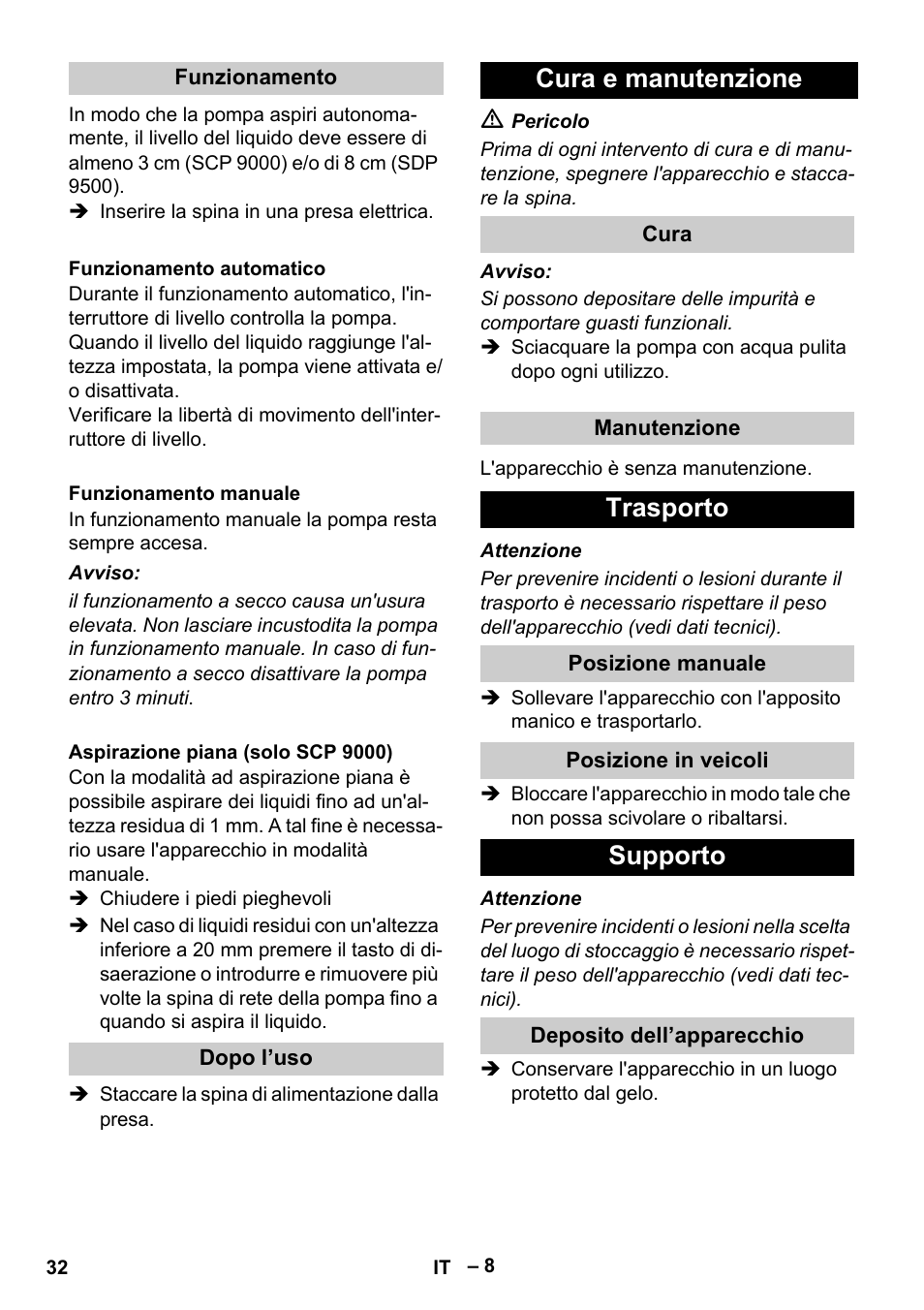 Cura e manutenzione, Trasporto, Supporto | Karcher SDP 9500 User Manual | Page 32 / 72