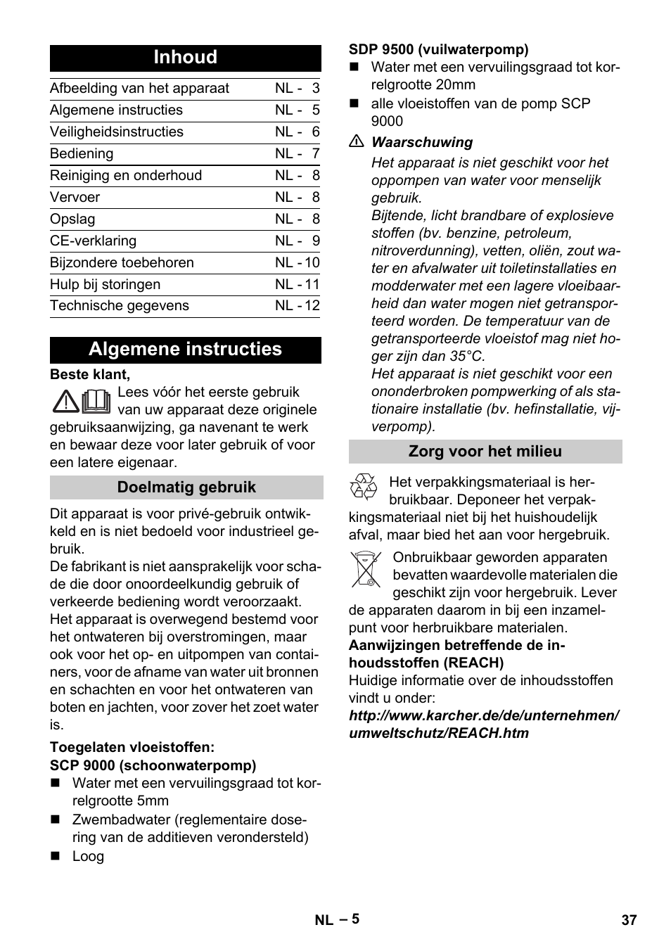 Inhoud, Algemene instructies | Karcher SDP 9500 User Manual | Page 37 / 72