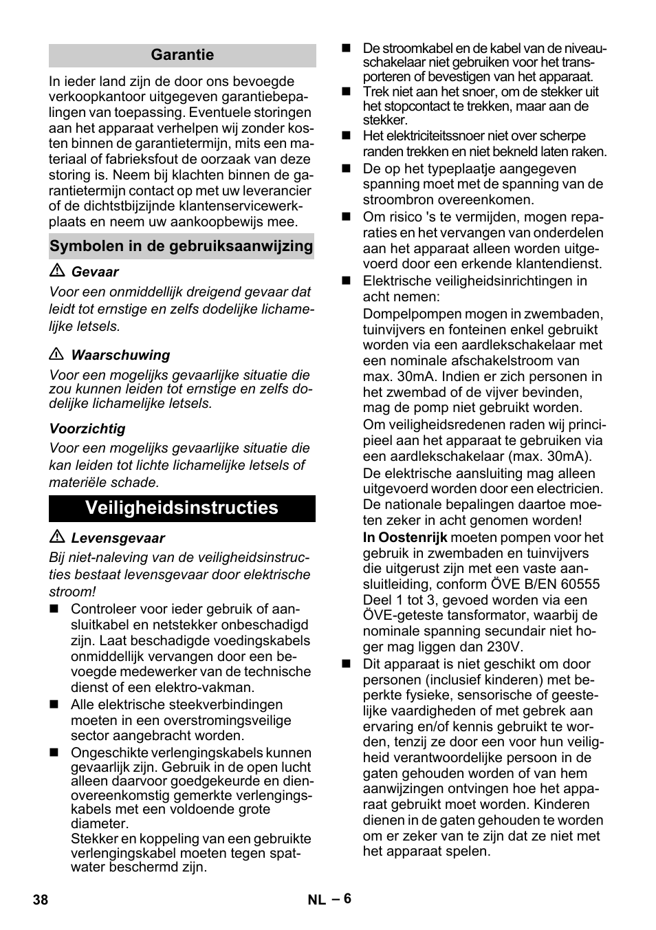 Veiligheidsinstructies | Karcher SDP 9500 User Manual | Page 38 / 72