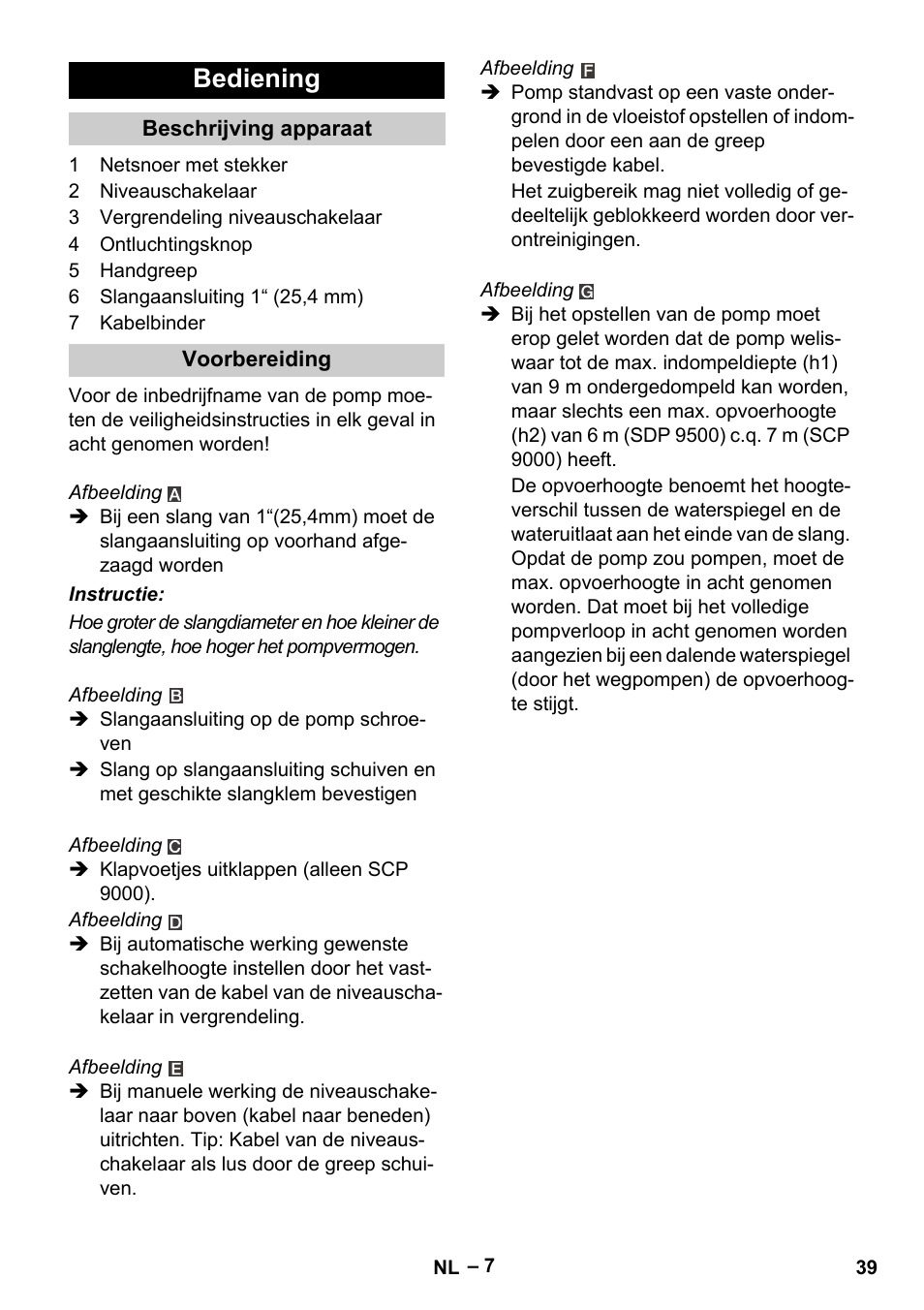 Bediening | Karcher SDP 9500 User Manual | Page 39 / 72