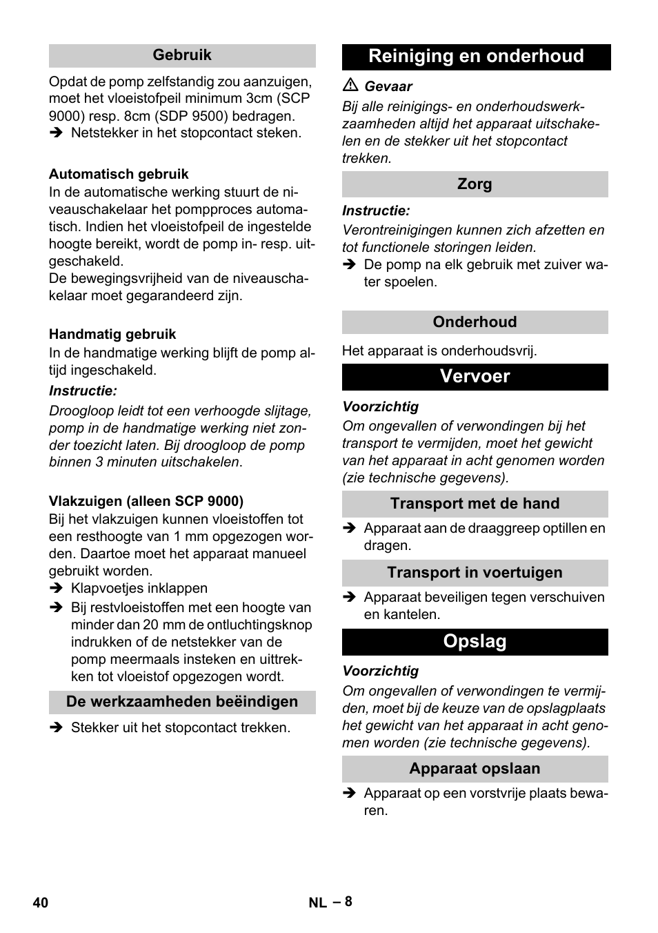 Reiniging en onderhoud, Vervoer, Opslag | Karcher SDP 9500 User Manual | Page 40 / 72