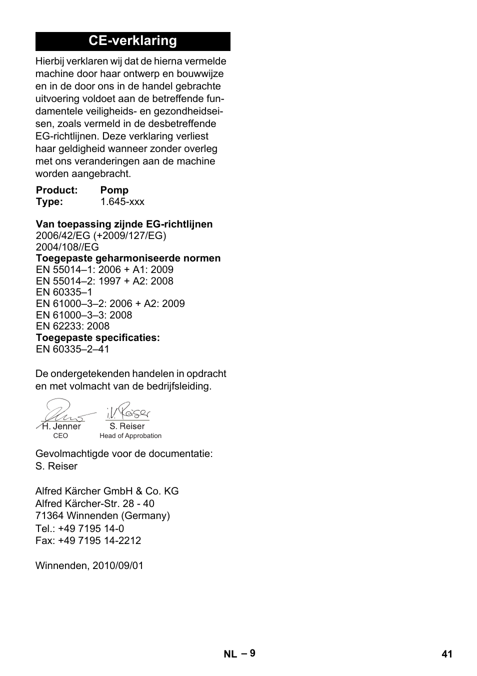 Ce-verklaring | Karcher SDP 9500 User Manual | Page 41 / 72