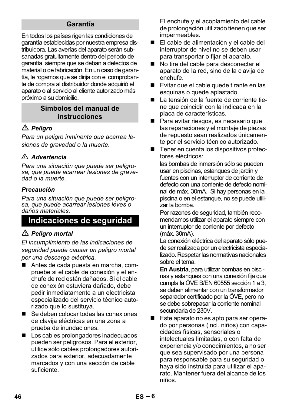 Indicaciones de seguridad | Karcher SDP 9500 User Manual | Page 46 / 72