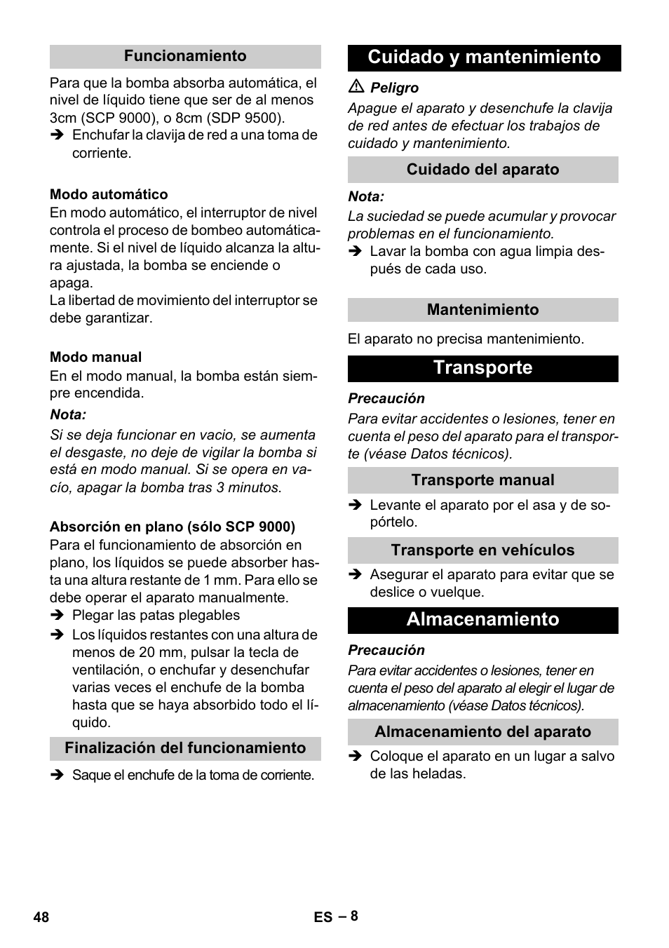 Cuidado y mantenimiento, Transporte, Almacenamiento | Karcher SDP 9500 User Manual | Page 48 / 72