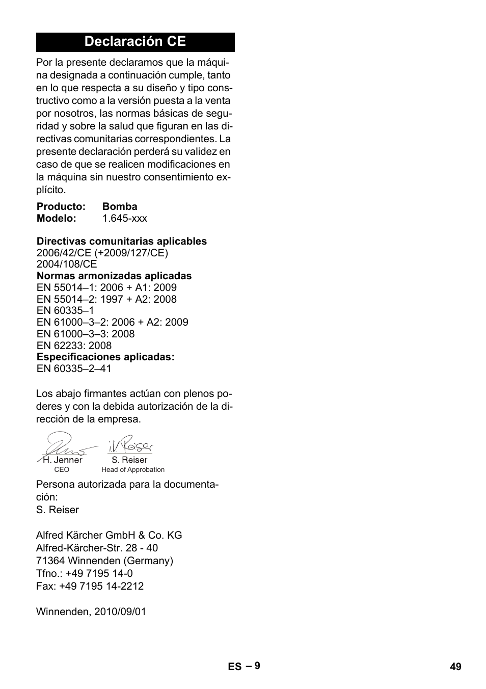 Declaración ce | Karcher SDP 9500 User Manual | Page 49 / 72