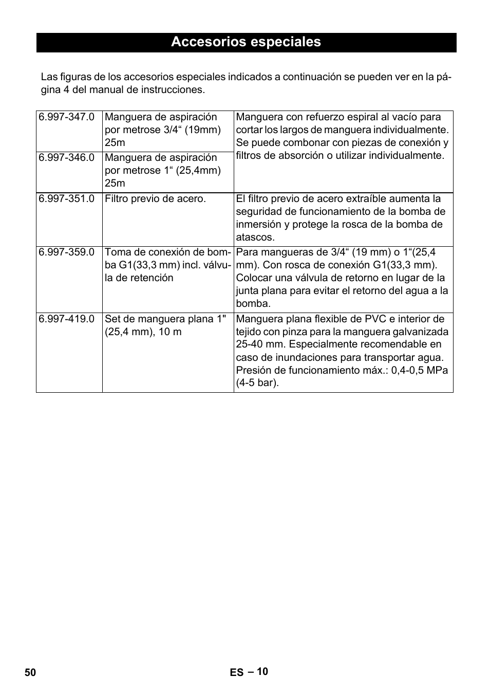 Accesorios especiales | Karcher SDP 9500 User Manual | Page 50 / 72