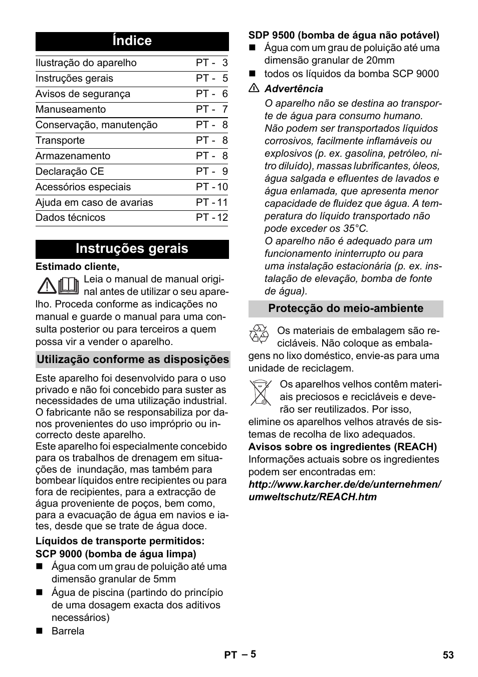 Índice, Instruções gerais | Karcher SDP 9500 User Manual | Page 53 / 72