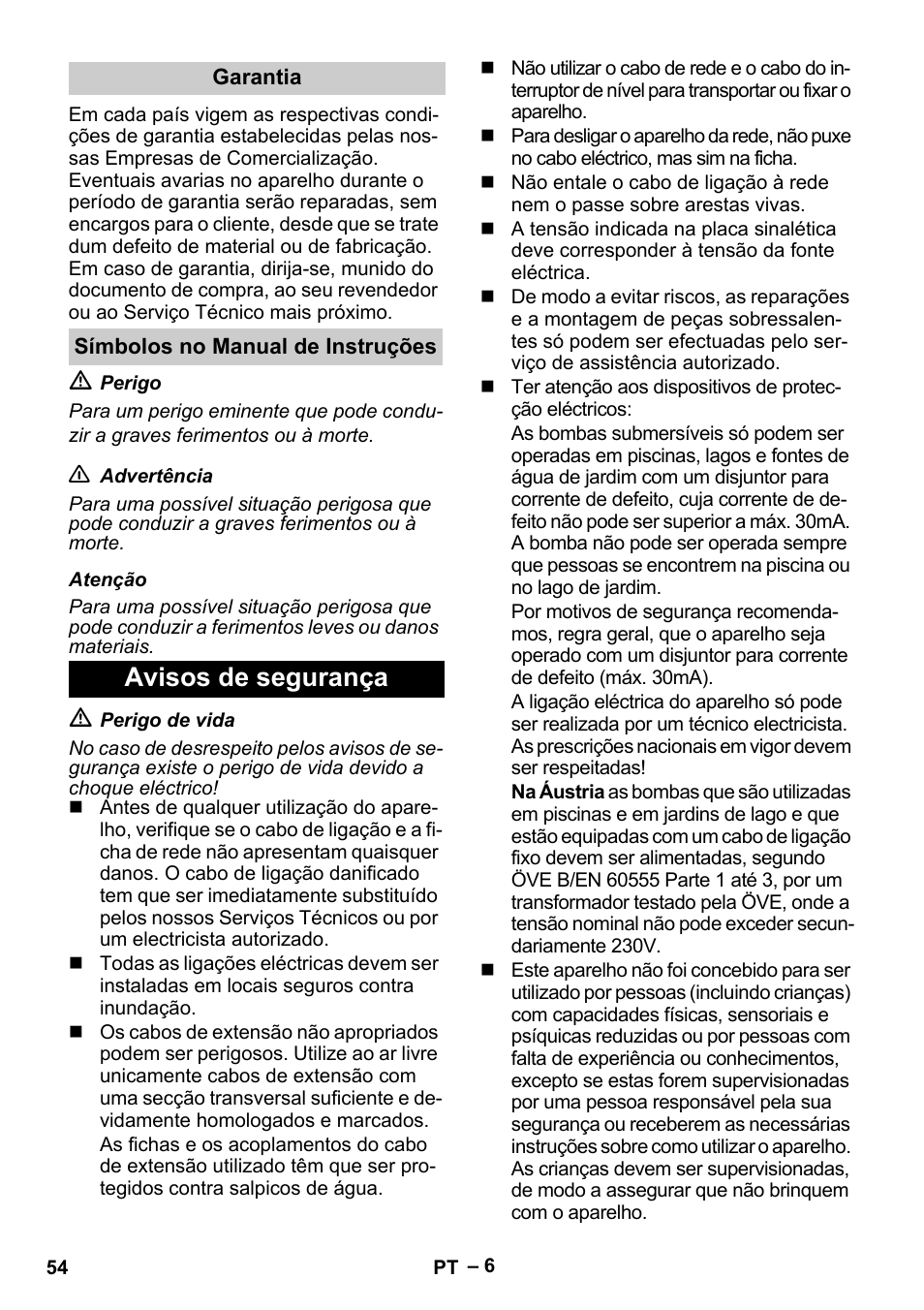 Avisos de segurança | Karcher SDP 9500 User Manual | Page 54 / 72