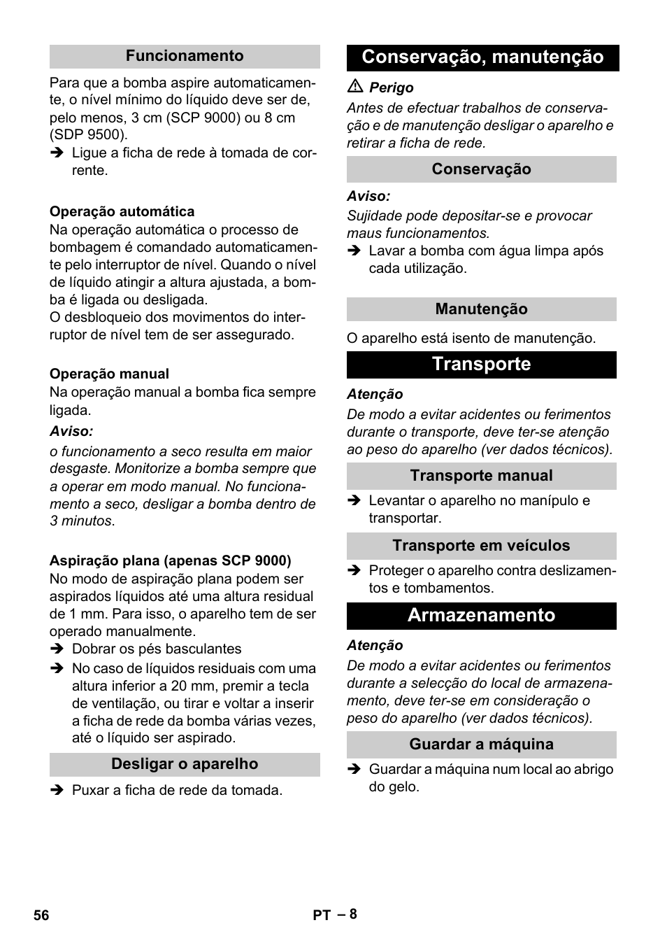 Conservação, manutenção, Transporte, Armazenamento | Karcher SDP 9500 User Manual | Page 56 / 72