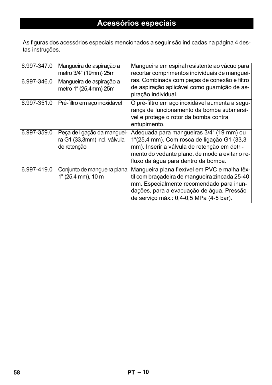 Acessórios especiais | Karcher SDP 9500 User Manual | Page 58 / 72