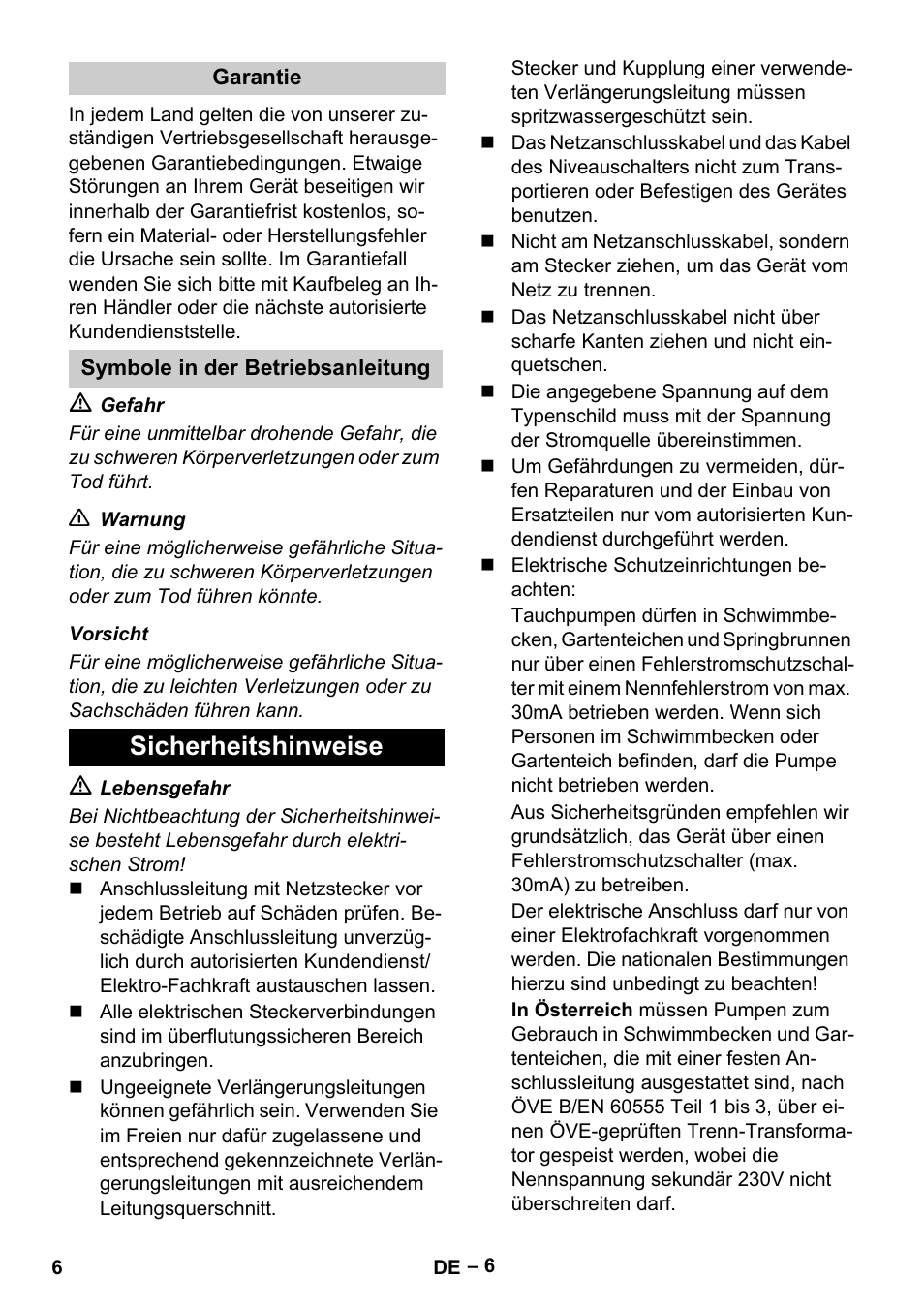 Sicherheitshinweise | Karcher SDP 9500 User Manual | Page 6 / 72