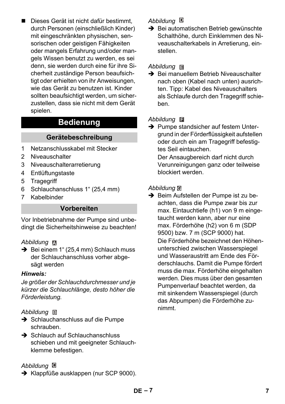 Bedienung | Karcher SDP 9500 User Manual | Page 7 / 72