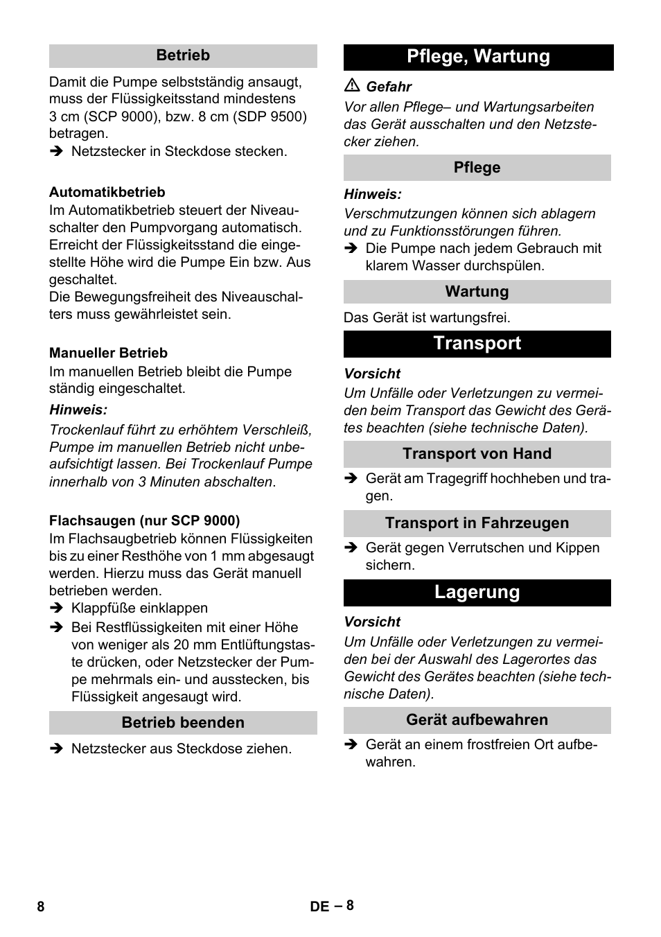 Pflege, wartung, Transport, Lagerung | Karcher SDP 9500 User Manual | Page 8 / 72