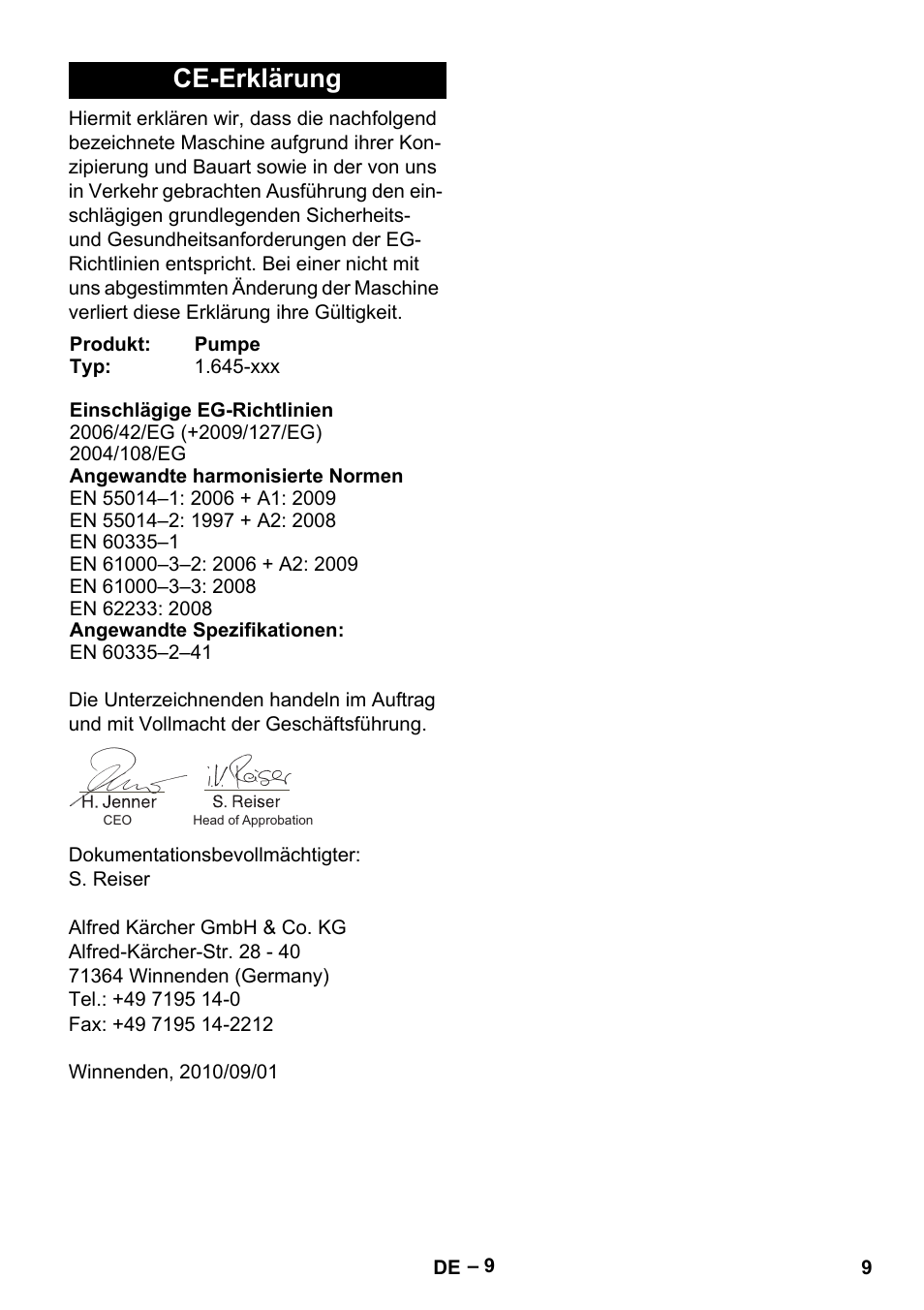 Ce-erklärung | Karcher SDP 9500 User Manual | Page 9 / 72