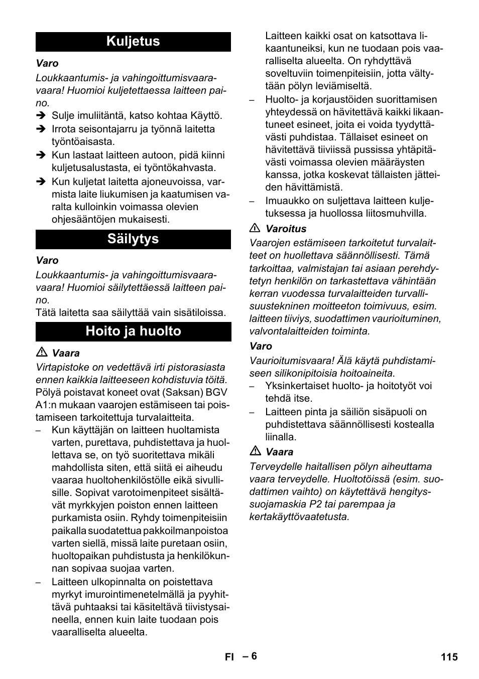 Kuljetus säilytys hoito ja huolto | Karcher IVC 60-30 Tact H Z22 EU User Manual | Page 115 / 292