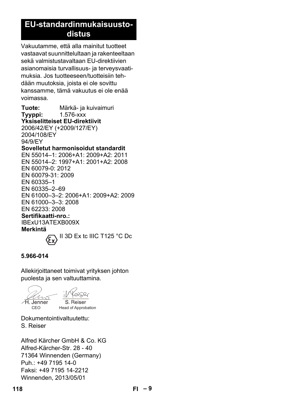 Eu-standardinmukaisuusto- distus | Karcher IVC 60-30 Tact H Z22 EU User Manual | Page 118 / 292