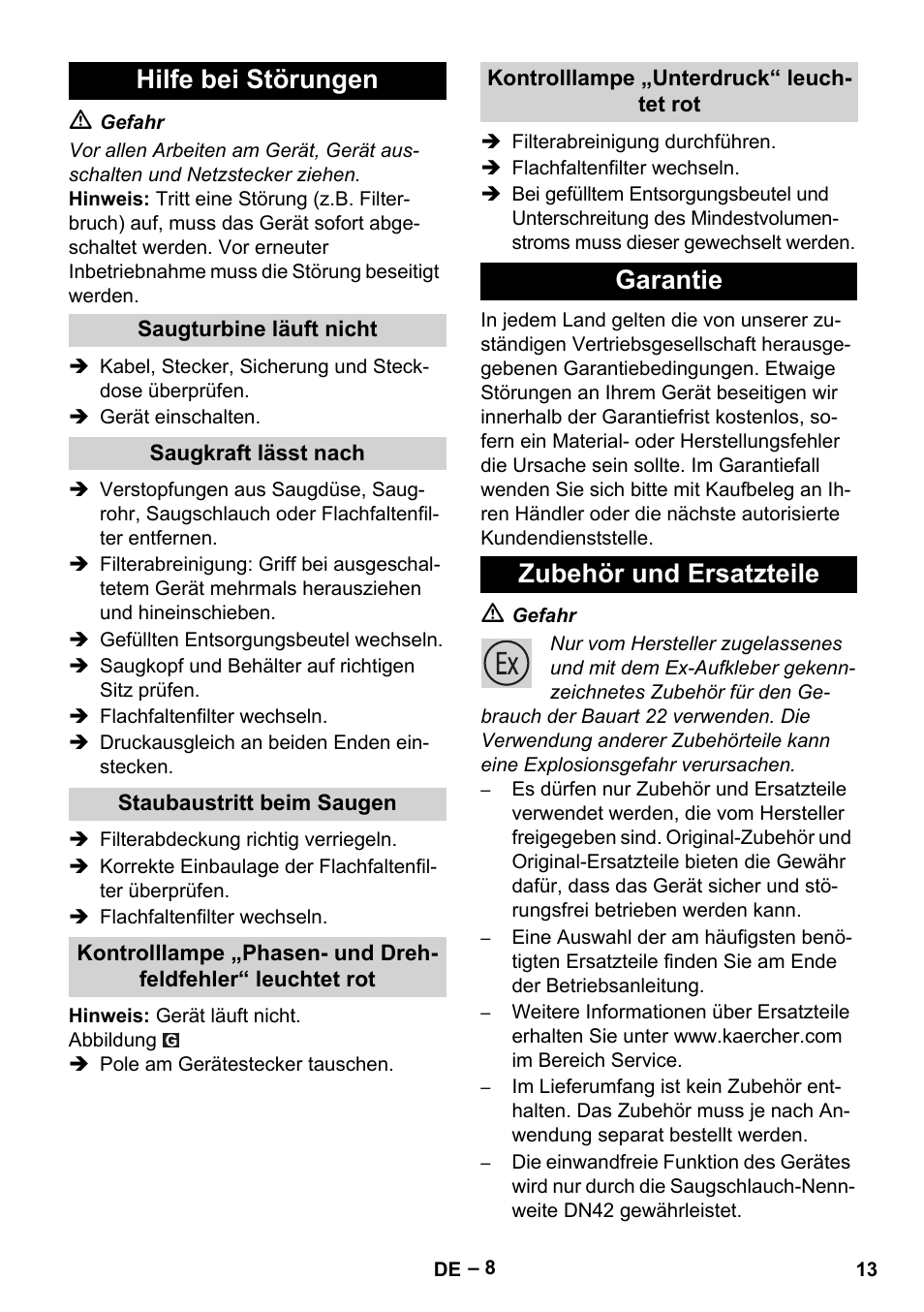 Hilfe bei störungen, Garantie zubehör und ersatzteile | Karcher IVC 60-30 Tact H Z22 EU User Manual | Page 13 / 292