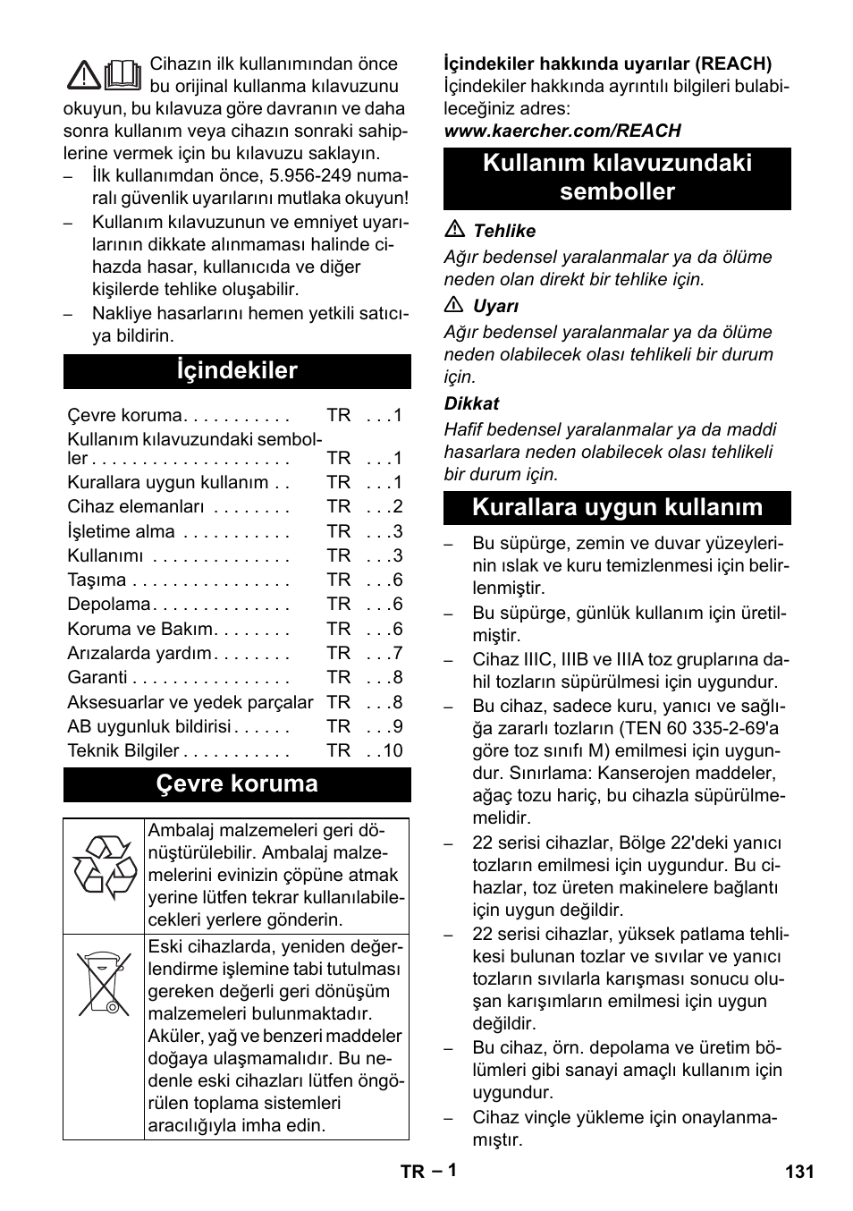 Türkçe, Içindekiler, Çevre koruma | Karcher IVC 60-30 Tact H Z22 EU User Manual | Page 131 / 292