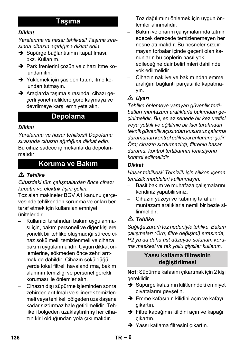 Taşıma depolama koruma ve bakım | Karcher IVC 60-30 Tact H Z22 EU User Manual | Page 136 / 292